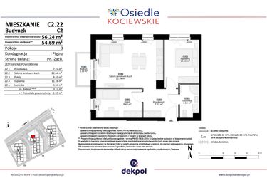 Rzut - Mieszkanie na sprzedaż 3 pokoje o powierzchni 54,69 m² - numer C2.22 w Osiedle Kociewskie etap III