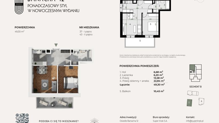 Rzut - Mieszkanie na sprzedaż 2 pokoje o powierzchni 49,3 m² - numer 43 w Banacha 12