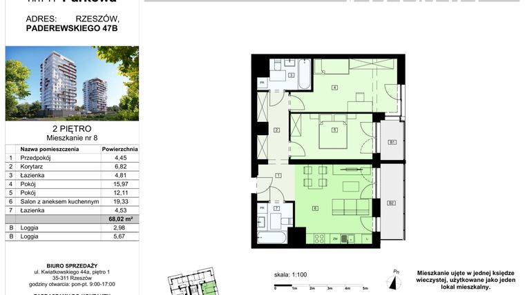 Rzut - Mieszkanie na sprzedaż 3 pokoje o powierzchni 68,02 m² - numer 8/B7 w Dzielnica Parkowa VII