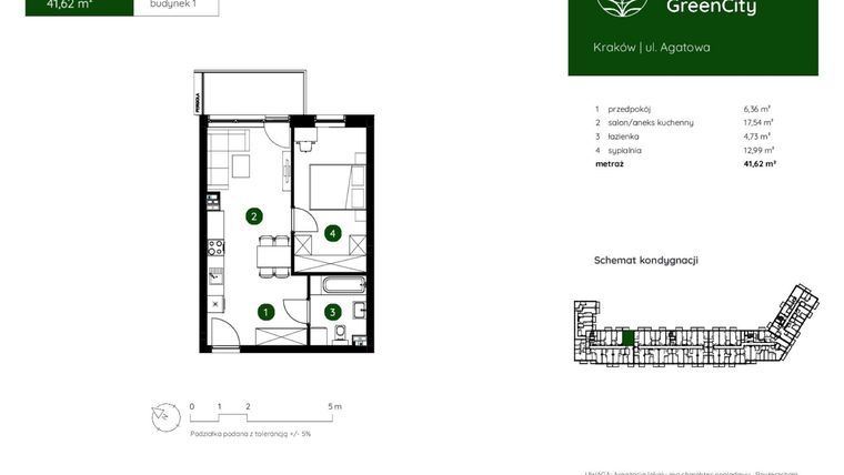 Rzut - Mieszkanie na sprzedaż 2 pokoje o powierzchni 41,61 m² - numer 1.A.1.03 w Murapol GreenCity bud. 1