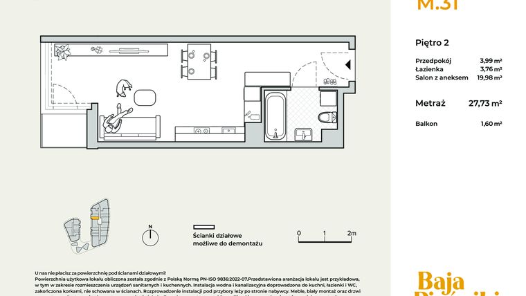 Rzut - Mieszkanie na sprzedaż 1 pokój o powierzchni 27,73 m² - numer M31 w Baja Piaśniki