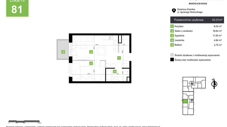 Rzut - Mieszkanie na sprzedaż 2 pokoje o powierzchni 43,01 m² - numer M81 w Nowa Częstochowa Mościckiego