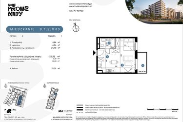 Rzut - Mieszkanie na sprzedaż 1 pokój o powierzchni 32,36 m² - numer B.1.2.M33 w Nowe Promenady etap II