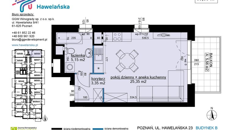 Rzut - Mieszkanie na sprzedaż 1 pokój o powierzchni 33,85 m² - numer B/5/58 w Osiedle Hawelańska etap III - bud. B