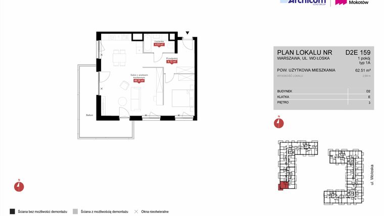 Rzut - Mieszkanie na sprzedaż 1 pokój o powierzchni 62,51 m² - numer D2E 159 w Modern Mokotów etap 4, budynek D1 i D2