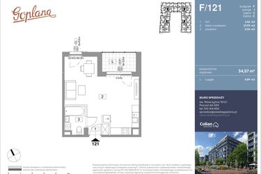 Rzut - Mieszkanie na sprzedaż 1 pokój o powierzchni 34,57 m² - numer F121 w Goplana budynek F