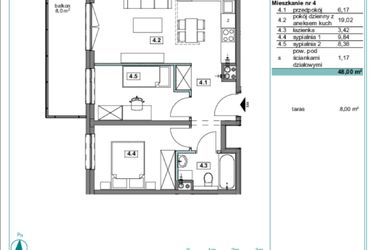Rzut - Mieszkanie na sprzedaż 3 pokoje o powierzchni 47,9 m² - numer E.4 w Osiedle Kościuszki