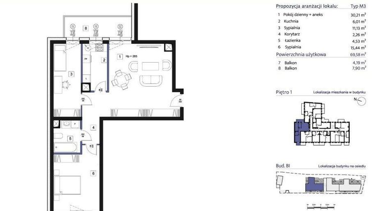 Rzut - Mieszkanie na sprzedaż 3 pokoje o powierzchni 69,6 m² - numer B1 – M1.6 w Primacasa
