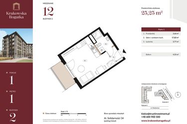 Rzut - Mieszkanie na sprzedaż 1 pokój o powierzchni 25,25 m² - numer 2.M12 w Krakowska Rogatka