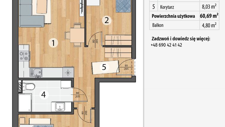 Rzut - Mieszkanie na sprzedaż 3 pokoje o powierzchni 60,69 m² - numer G1-06 w Smolec pod Wrocławem Dobry Deweloper Milo