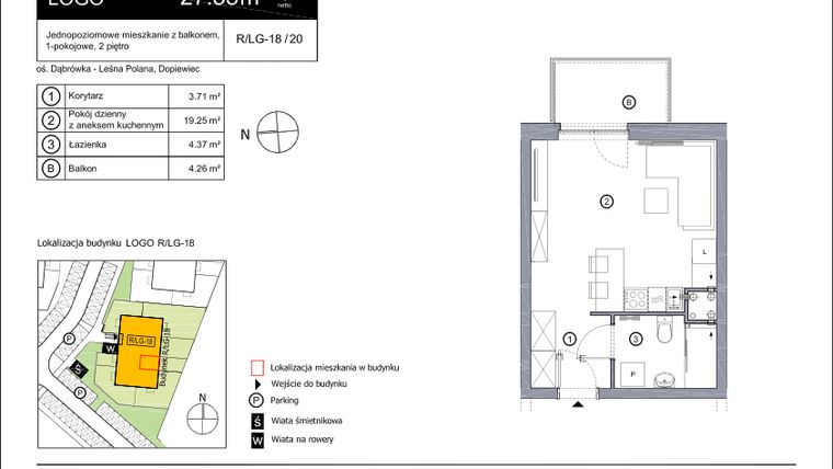 Rzut - Mieszkanie na sprzedaż 1 pokój o powierzchni 27,37 m² - numer R_LG-18_20 w os. Dąbrówka – Leśna Polana