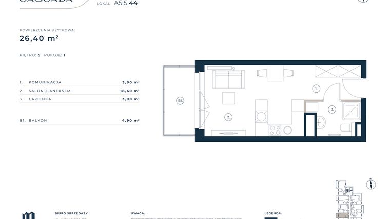 Rzut - Mieszkanie na sprzedaż 1 pokój o powierzchni 26,4 m² - numer A5.5.44 w Cascada