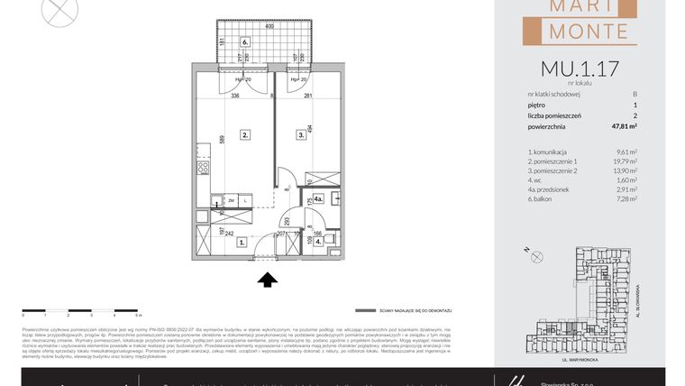 Rzut - Mieszkanie na sprzedaż 2 pokoje o powierzchni 47,81 m² - numer MU.1.17 w Marimonte - lokale inwestycyjne