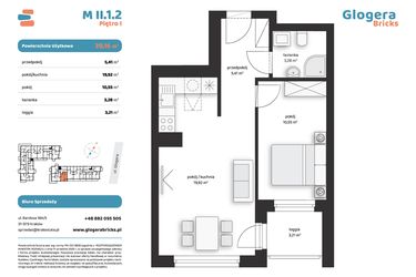 Rzut - Mieszkanie na sprzedaż 2 pokoje o powierzchni 39,16 m² - numer M II.1.2 w Glogera Bricks