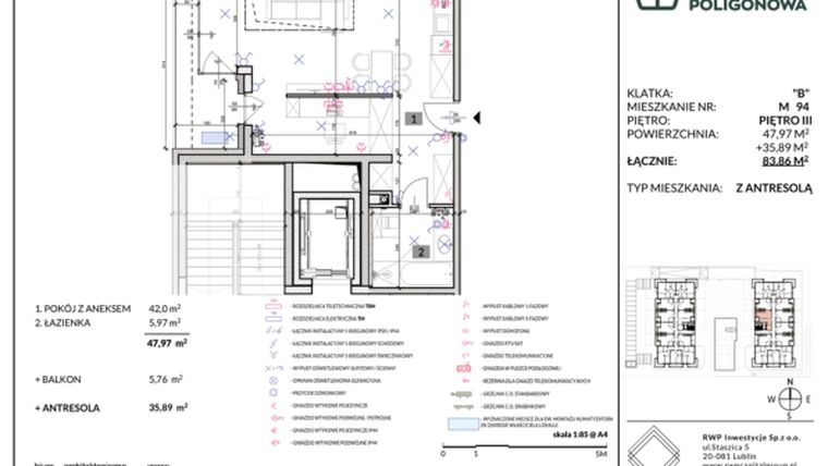 Rzut - Mieszkanie na sprzedaż 2 pokoje o powierzchni 89,83 m² - numer 94 w Apartamenty Poligonowa etap 4