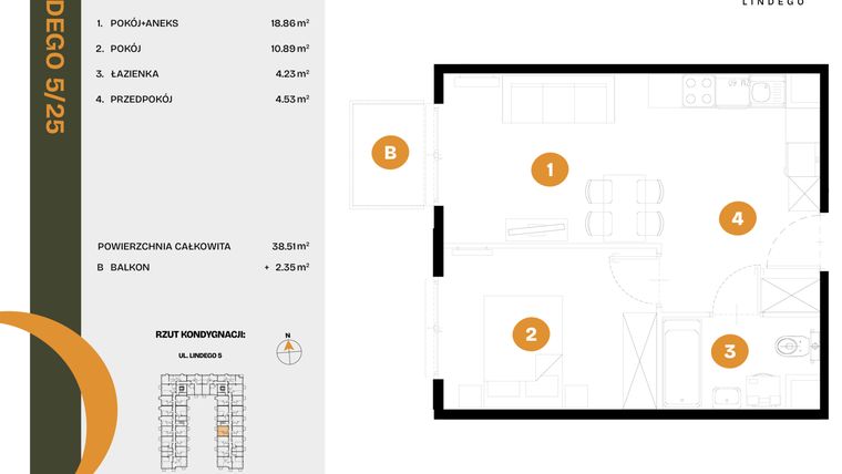 Rzut - Mieszkanie na sprzedaż 2 pokoje o powierzchni 38,51 m² - numer 25 w CLOU LINDEGO