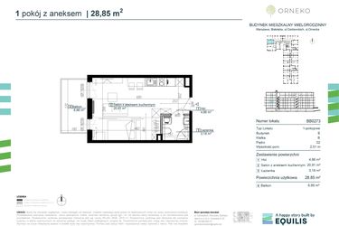 Rzut - Mieszkanie na sprzedaż 1 pokój o powierzchni 28,85 m² - numer BB0273 w Orneko
