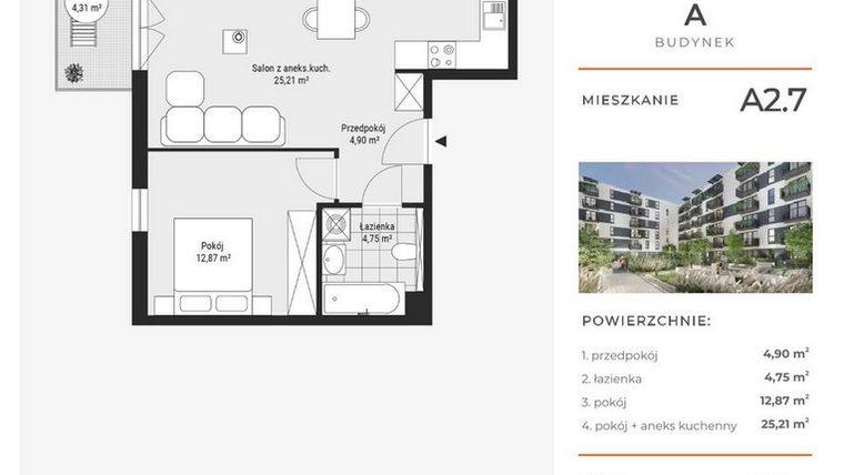 Rzut - Mieszkanie na sprzedaż 2 pokoje o powierzchni 47,75 m² - numer A2.7 w Enklawa Bukowa