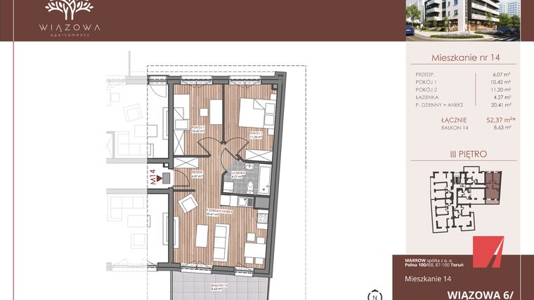 Rzut - Mieszkanie na sprzedaż 3 pokoje o powierzchni 52,6 m² - numer 14 w Wiązowa