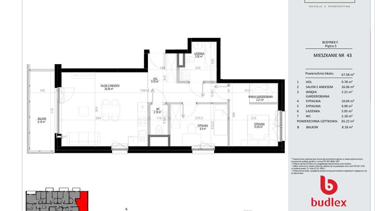 Rzut - Mieszkanie na sprzedaż 3 pokoje o powierzchni 67,58 m² - numer F.43 w Osiedle Panorama - III etap