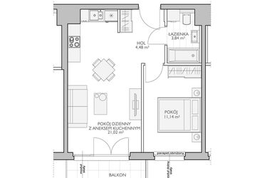 Rzut - Mieszkanie na sprzedaż 2 pokoje o powierzchni 41,67 m² - numer WO/O18/26 w Wiszące Ogrody