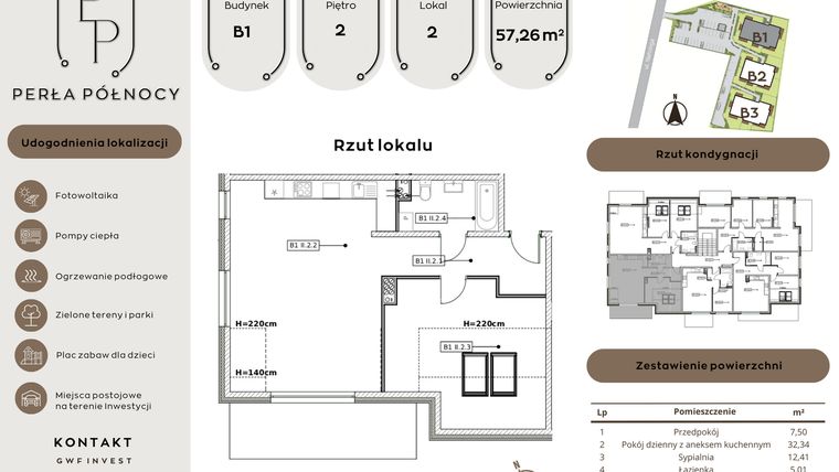 Rzut - Mieszkanie na sprzedaż 2 pokoje o powierzchni 57,26 m² - numer B1.2_2 w Perła Północy etap 2