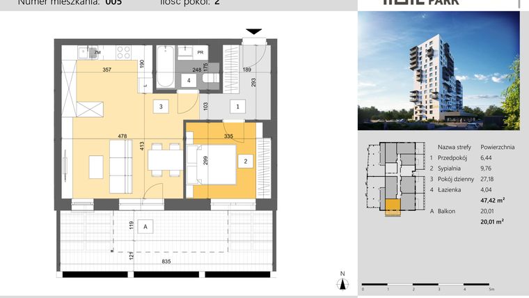Rzut - Mieszkanie na sprzedaż 2 pokoje o powierzchni 47,42 m² - numer 5 w Dworzysko Park - Etap III