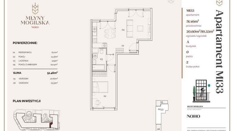 Rzut - Mieszkanie na sprzedaż 2 pokoje o powierzchni 51,57 m² - numer A.133 w Młyny Mogilska