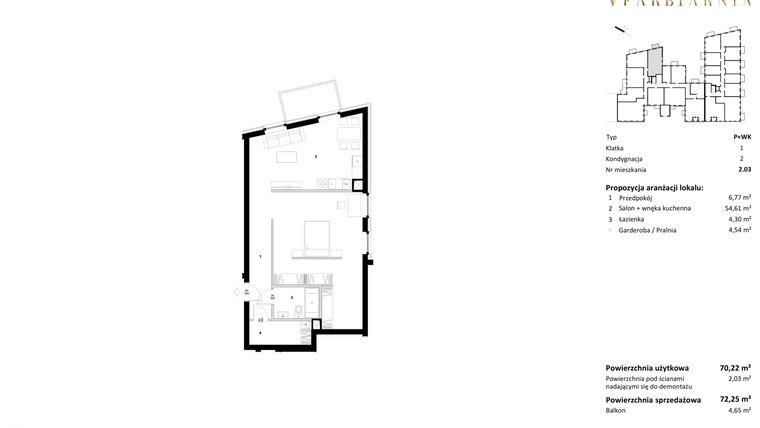 Rzut - Mieszkanie na sprzedaż 1 pokój o powierzchni 72,25 m² - numer 2.03 w Stara Farbiarnia