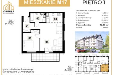 Rzut - Mieszkanie na sprzedaż 2 pokoje o powierzchni 52,07 m² - numer M17 w Osiedle Pod Książem