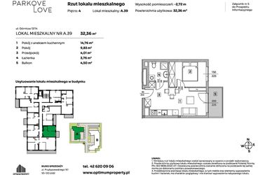 Rzut - Mieszkanie na sprzedaż 2 pokoje o powierzchni 32,36 m² - numer A.39 w Parkove Love