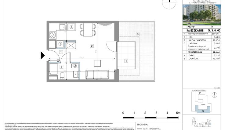 Rzut - Mieszkanie na sprzedaż 1 pokój o powierzchni 29,46 m² - numer G.3.0.60 w Pozytywny Mokotów III
