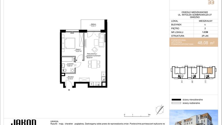 Rzut - Mieszkanie na sprzedaż 2 pokoje o powierzchni 48,08 m² - numer 1.C39 w Gombrowicza 33