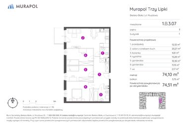 Rzut - Mieszkanie na sprzedaż 2 pokoje o powierzchni 74,51 m² - numer 1.B.3.07 w Murapol Trzy Lipki