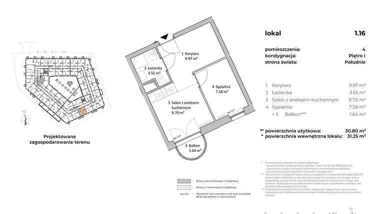 Rzut - Mieszkanie na sprzedaż 1 pokój o powierzchni 31 m² - numer 1.16 w OVAL SKY