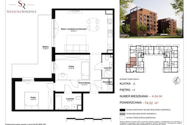 Rzut - Mieszkanie na sprzedaż 3 pokoje o powierzchni 72,02 m² - numer A-04-04 w Siedlecka Residence