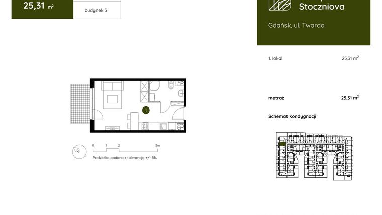 Rzut - Mieszkanie na sprzedaż 1 pokój o powierzchni 25,31 m² - numer 3.B.0.05 w Murapol Stoczniova
