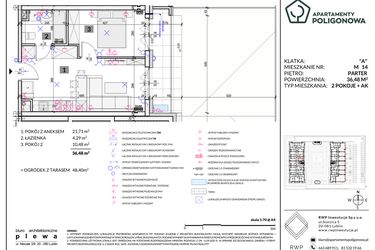 Rzut - Mieszkanie na sprzedaż 2 pokoje o powierzchni 36,48 m² - numer 14 w Apartamenty Poligonowa etap 5