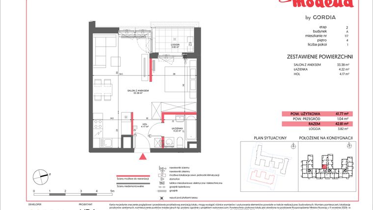 Rzut - Mieszkanie na sprzedaż 1 pokój o powierzchni 41,77 m² - numer A.117 w Modena II