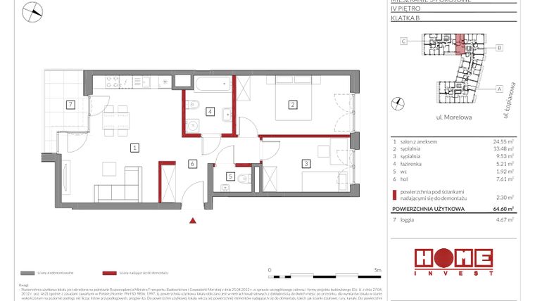Rzut - Mieszkanie na sprzedaż 3 pokoje o powierzchni 64,6 m² - numer B50 w Przystań Żerań
