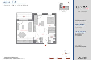 Rzut - Mieszkanie na sprzedaż 3 pokoje o powierzchni 57,27 m² - numer C.4.5 w Linea