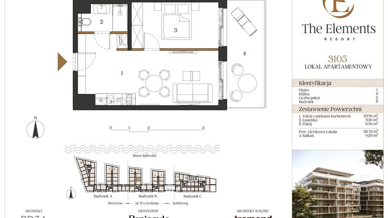 Rzut - Mieszkanie na sprzedaż 2 pokoje o powierzchni 38,78 m² - numer B3105 w The Elements Resort