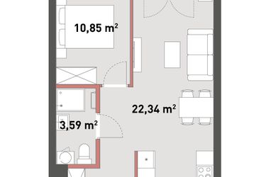Rzut - Mieszkanie na sprzedaż 2 pokoje o powierzchni 40,8 m² - numer A.04.12 w Żelazna 54