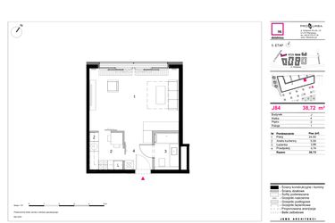 Rzut - Mieszkanie na sprzedaż 1 pokój o powierzchni 38,72 m² - numer J84 w 19. Dzielnica Etap V