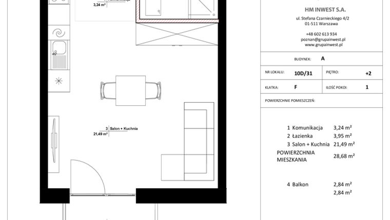 Rzut - Mieszkanie na sprzedaż 1 pokój o powierzchni 28,68 m² - numer 10D/31 w Jasielska 8C etap II