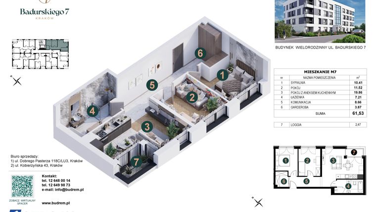 Rzut - Mieszkanie na sprzedaż 3 pokoje o powierzchni 61,53 m² - numer 7 w Badurskiego 7