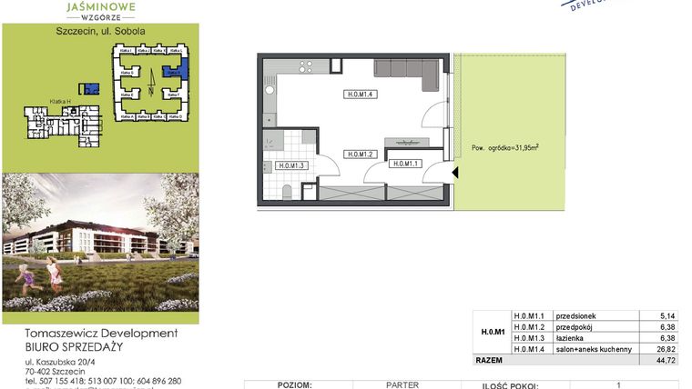 Rzut - Mieszkanie na sprzedaż 1 pokój o powierzchni 44,72 m² - numer H0M1 w Jaśminowe Wzgórze - etap II