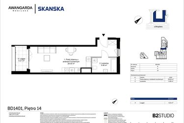 Rzut - Mieszkanie na sprzedaż 1 pokój o powierzchni 33,78 m² - numer 1BD1401 w Awangarda Mogilska