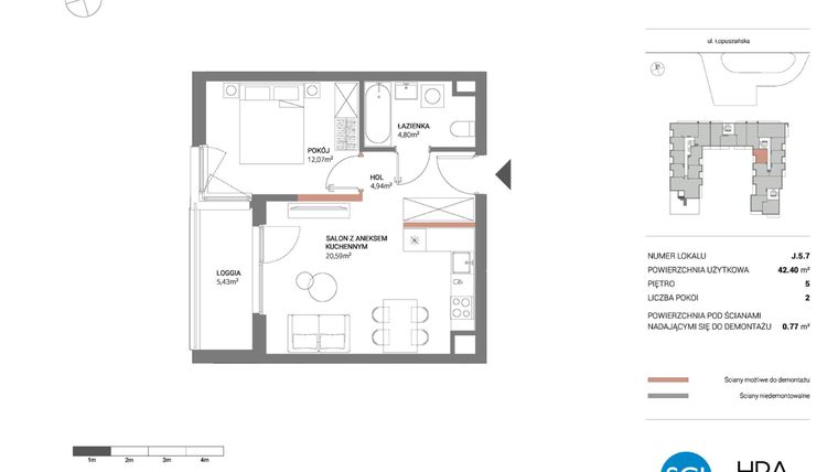 Rzut - Mieszkanie na sprzedaż 2 pokoje o powierzchni 42,4 m² - numer J.5.7 w Łopuszańska 47 - etap 3