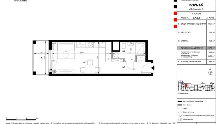 Rzut - Mieszkanie na sprzedaż 1 pokój o powierzchni 29,75 m² - numer B.A.3.2 w Zajezdnia